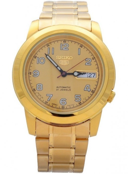Seiko 5 Men's 21 Jewels Automatic Gold Tone Stainless Steel Analog Gold Dial Watch [SNKK38J1]
